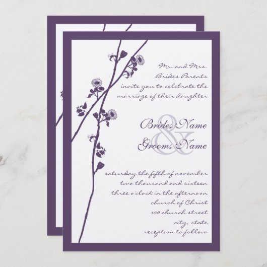 Lapis Paarse Wild Flower Branch Wedding Invites Kaart (Voorkant / Achterkant)