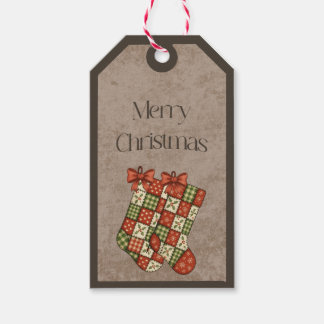 Lapjesdeken-sokken in kerstkleuren cadeaukaartje cadeaulabel
