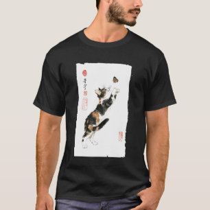 Lapjeskat en vlinder Japans vintage schilderij T-shirt