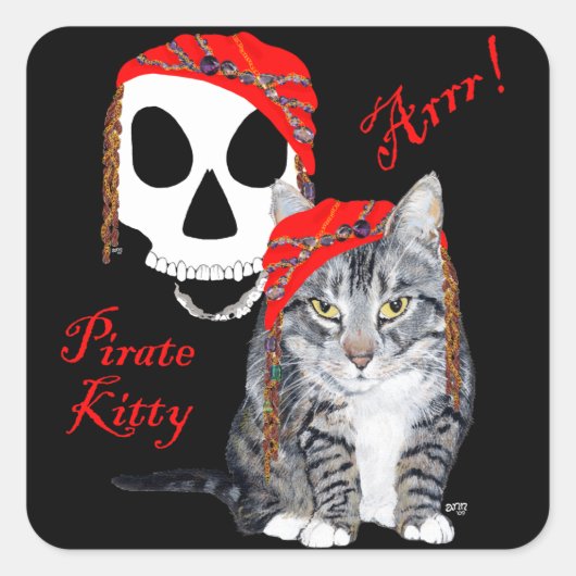 Lapjeskat Halloween Piraat Vierkante Sticker (Voorkant)