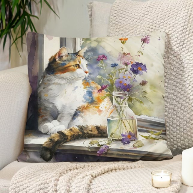 Lapjeskat Paarse Bloemen Raam Zonlicht Kussen (Pillow with a watercolor painting of a cat sitting in a window.)
