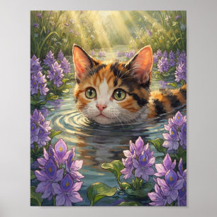 Lapjeskat Zwemmend met Paarse Waterhyacint Bloesem Poster