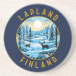 Lapland Finland Herten Retro Noodlijdende Cirkel Zandsteen Onderzetter<br><div class="desc">Lapland retro vector reisontwerp. Lapland is het noordelijkste gebied van Finland dat bekend staat om zijn uitgestrekte subarctische wildernis,  skigebieden en natuurverschijnselen.</div>