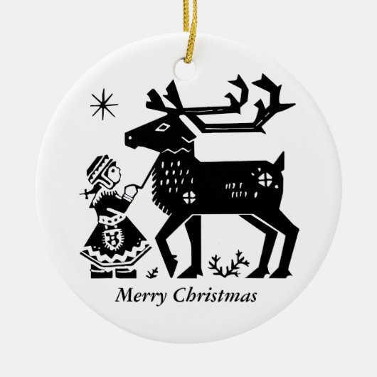 Lapland Girl Holds Reindeer Kerstdecoratie Keramisch Ornament (Voorkant)