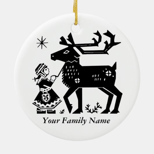 Lapland Girl Holds Reindeer Kerstdecoratie Keramisch Ornament (Achterkant)