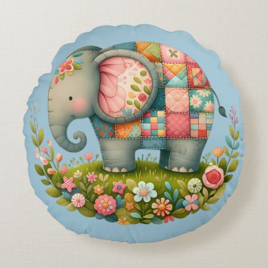 Lappendeken Olifant Bloemrijke Weide Charme Rond Kussen (Voorkant)