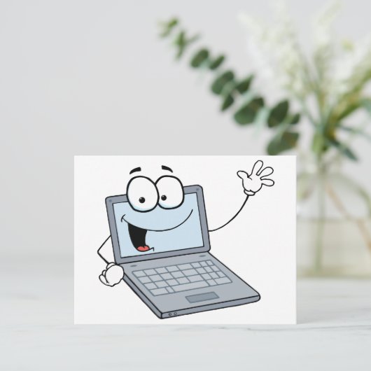Laptop Cartoon Character Waing a Greeting Briefkaart (Staand voorkant)
