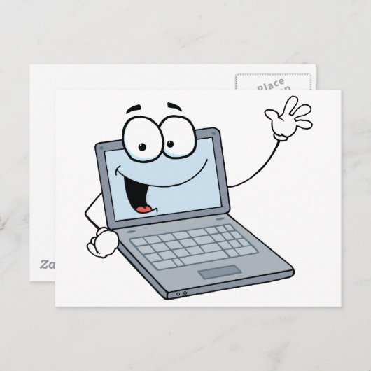 Laptop Cartoon Character Waing a Greeting Briefkaart (Voorkant / Achterkant)