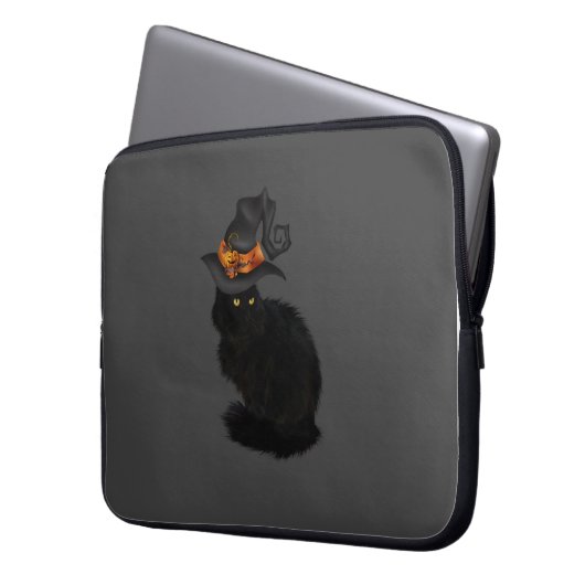 Laptop Case with Black Halloween Cat Design (Voorkant Links)