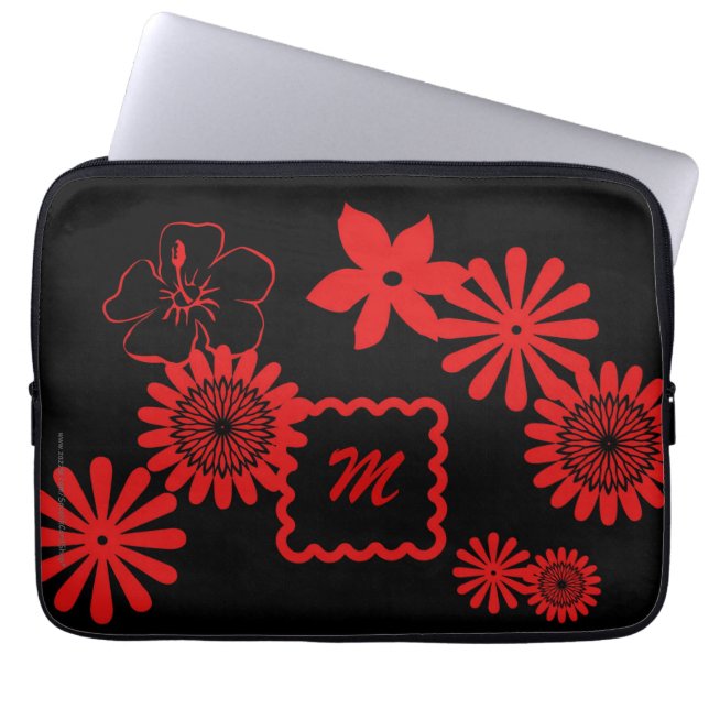 Laptop Computer Sleeve Red Flowers met Monogram (Voorkant)
