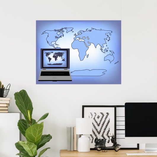Laptop Computer Wereldkaart Print Poster (Thuiskantoor)