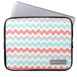 Laptop Coral Blauwgroen Chevron - Aangepaste naam Laptop Sleeve