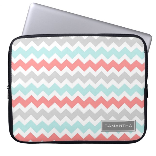 Laptop Coral Blauwgroen Chevron - Aangepaste naam Laptop Sleeve (Voorkant)