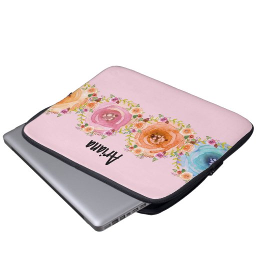 Laptop Hoesje in roze met kleurrijke bloemen Laptop Sleeve (Voorkant onderkant)