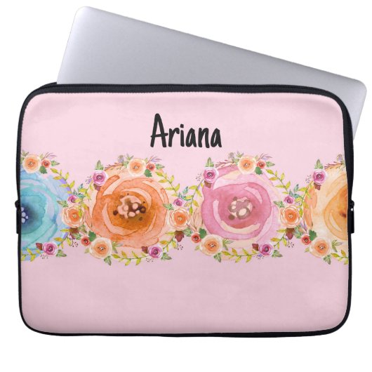 Laptop Hoesje in roze met kleurrijke bloemen Laptop Sleeve (Voorkant)
