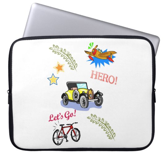 Laptop Sleeve Hero Fietsauto Vliegtuig (Voorkant)