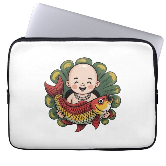 Laptop Sleeve | Schattigee jongen met Lucky Koi (Voorkant)