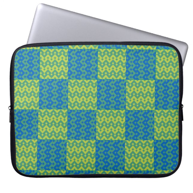 Laptophoes, Emerald Green en Blue Patchwork Laptop Sleeve (Voorkant)