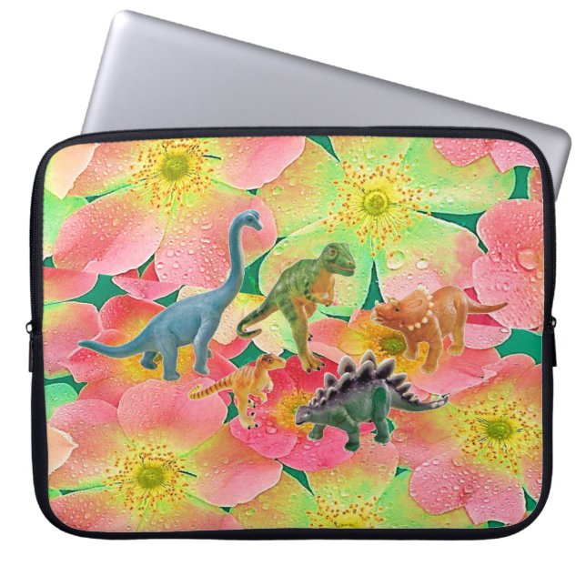 Laptophoes Floral Dinosaur Laptop Sleeve (Voorkant)
