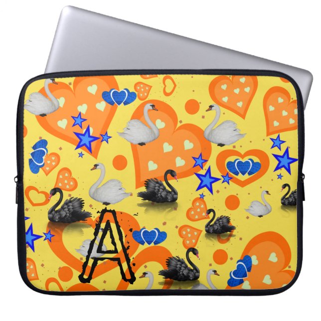 Laptophoes Geel Swan Blue Stars Oranje hart Laptop Sleeve (Voorkant)