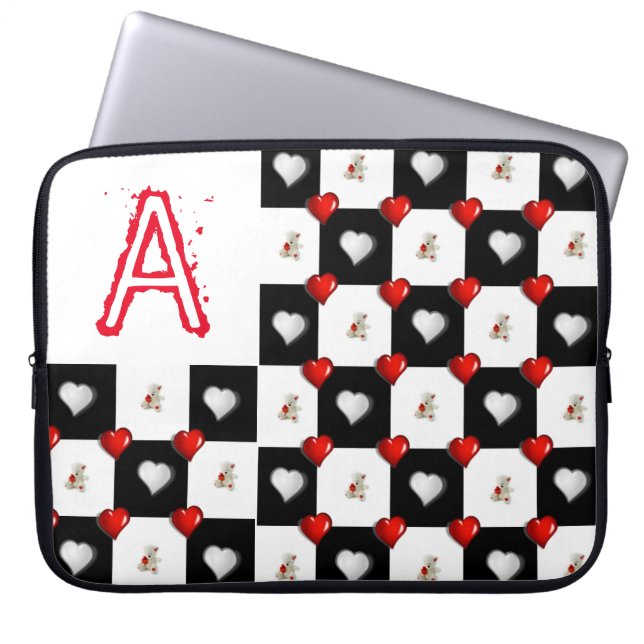 Laptophoes Red Hearts White Teddy Bear Laptop Sleeve (Voorkant)