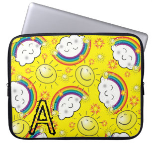 Laptophoes regenboog, zon, wolken, geel laptop sleeve