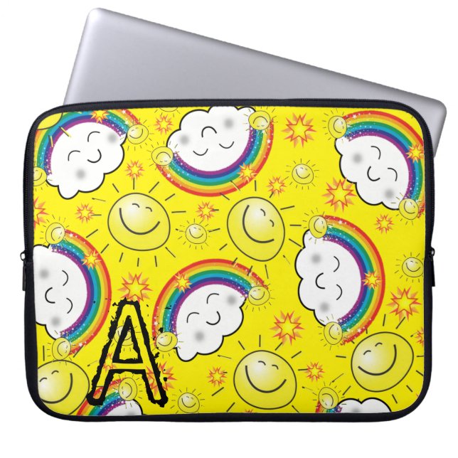 Laptophoes regenboog, zon, wolken, geel laptop sleeve (Voorkant)