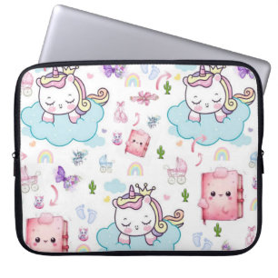 Laptophoes Roze, Blauwe Eenhoorn Regenboog Kat  Laptop Sleeve