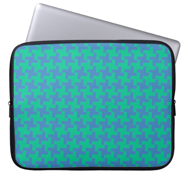 Laptophoes, smaragd en blauwe dogtooth laptop sleeve (Voorkant)