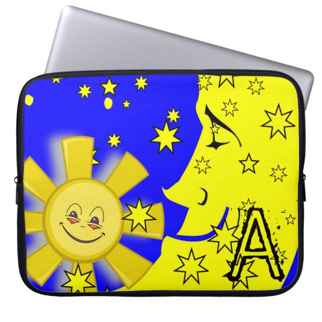 Laptophoes Sun Moon Yellow Stars Blue Laptop Sleeve (Voorkant)