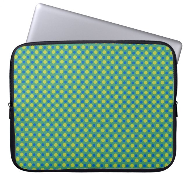 Laptophoes van neopreen, blauwe en groene pooldots laptop sleeve (Voorkant)