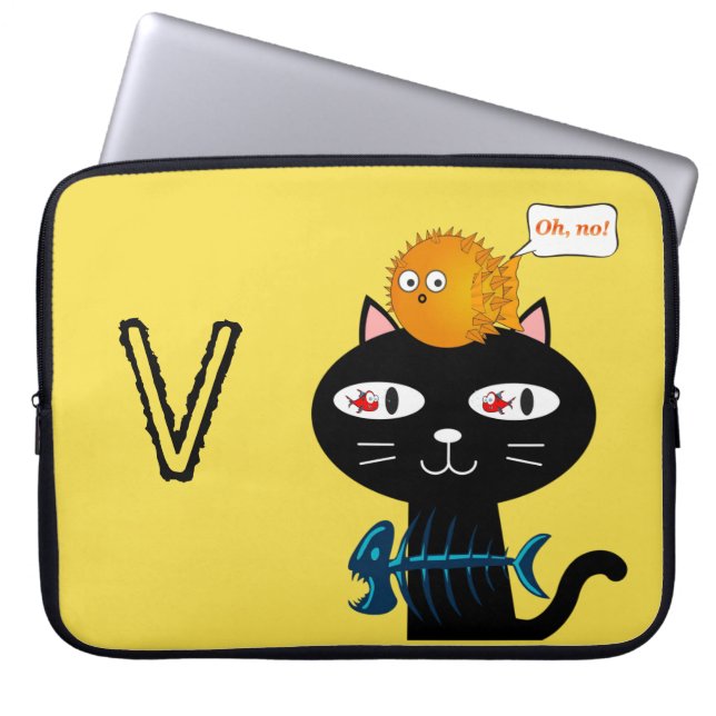 Laptophoes - zwarte kat vis Botten geel Laptop Sleeve (Voorkant)