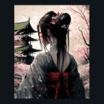 Lara Japan - Poster<br><div class="desc">Computer generiertes Design einer Geisha. Abbildung einer Frau mit einer hübschen Frisur und Blüten im Haar welche einen Kimono trägt in einem schlichten Design mit leichten Linien. Japans design im AI - Midtrip Style. Rote Farbornamente verleihen dem Bild das gewisse etwas.</div>