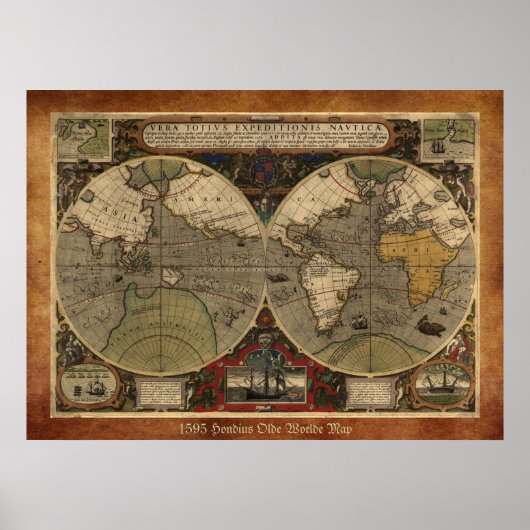 Large "1595 World Map of Hondius" Historic Map Poster (Voorkant)