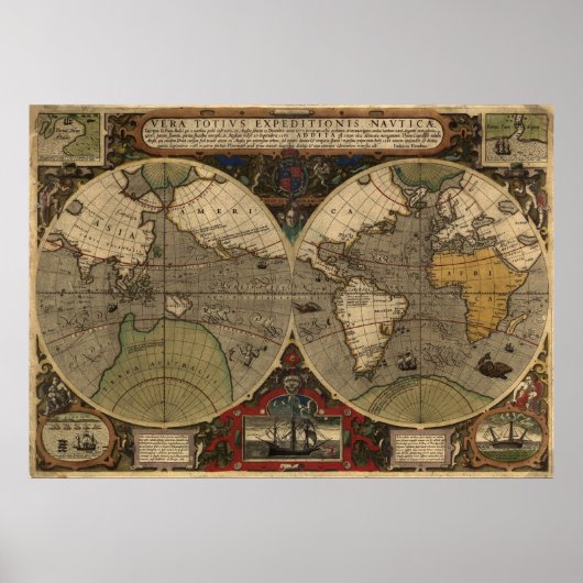 Large "1595 World Map of Hondius" Historic Map Poster (Voorkant)
