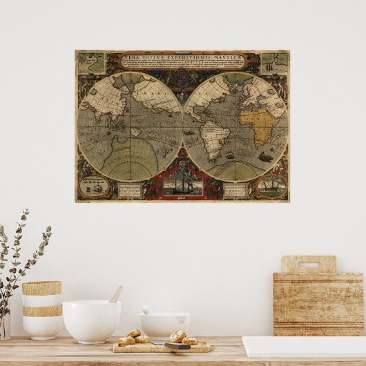 Large "1595 World Map of Hondius" Historic Map Poster (Keuken)
