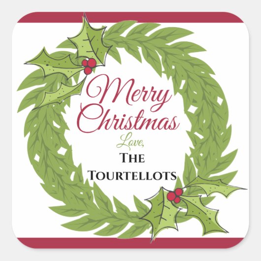 Large 3-Inch Personalized Christmas Wreath Square Vierkante Sticker (Voorkant)