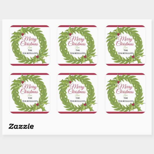 Large 3-Inch Personalized Christmas Wreath Square Vierkante Sticker (Vel)