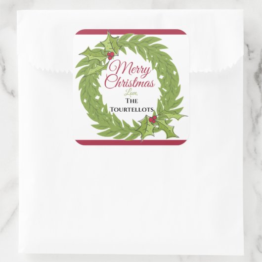 Large 3-Inch Personalized Christmas Wreath Square Vierkante Sticker (Tas)