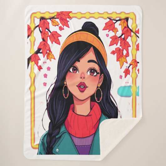 Large Cozy Autumn Girl Fleece Blanket – Oversized  Sherpa Deken (Voorkant)
