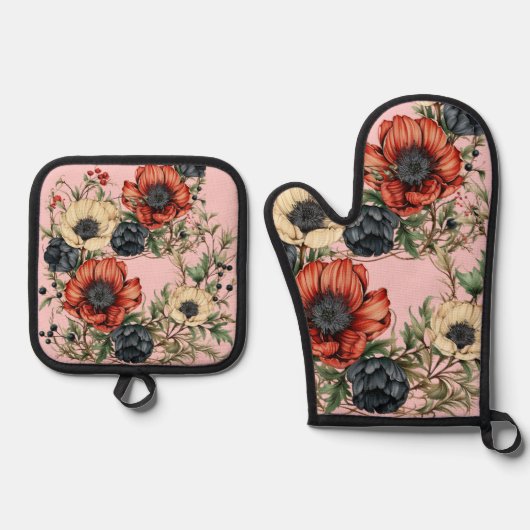 Large Florals Rich Rust, Deep Purple, Cream Ovenwant & Pannenlap Set (Voorkant)