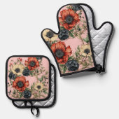 Large Florals Rich Rust, Deep Purple, Cream Ovenwant & Pannenlap Set (Voorkant / Achterkant)