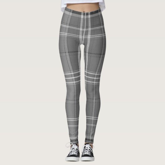 Large Grayscale White Line Tartan Plaid Leggings (Voorkant)