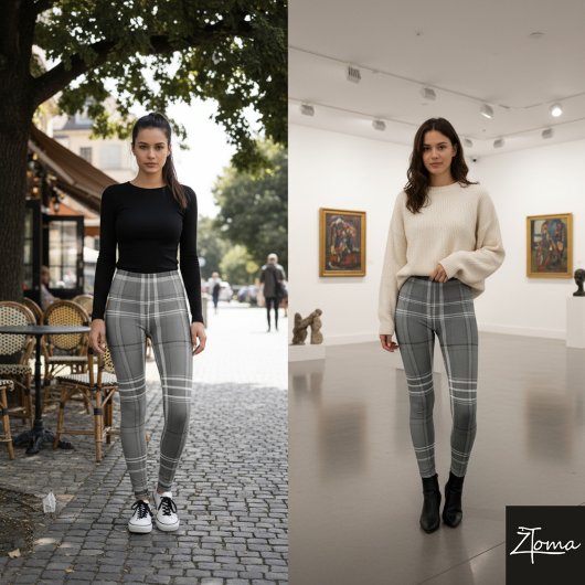 Large Grayscale White Line Tartan Plaid Leggings