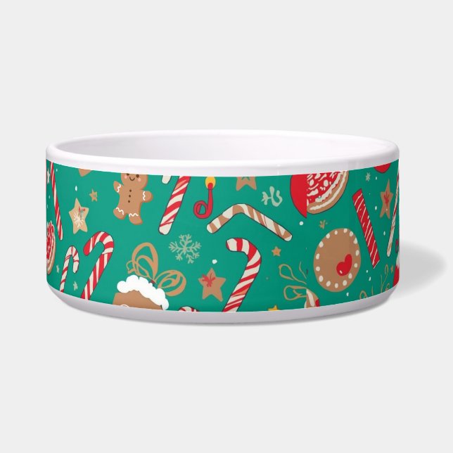 Large Green Christmas Dog Bowl | Candy Canes Voerbakje (Voorkant)