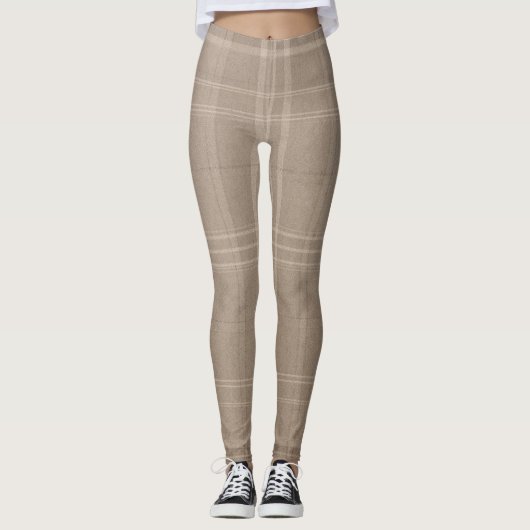 Large Neutral Light Taupe Wool Tartan Leggings (Voorkant)