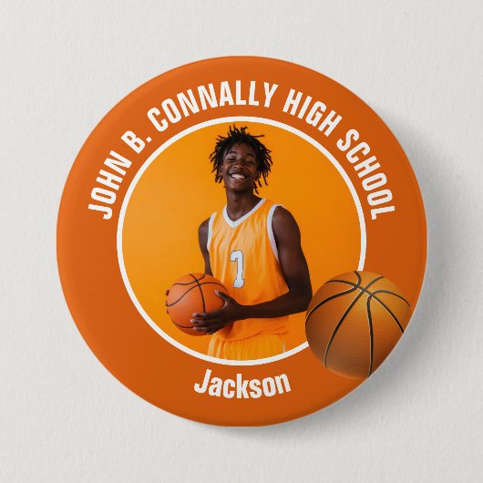 Large Orange High School Basketball Player Photo Ronde Button 7,6 Cm (Voorkant)