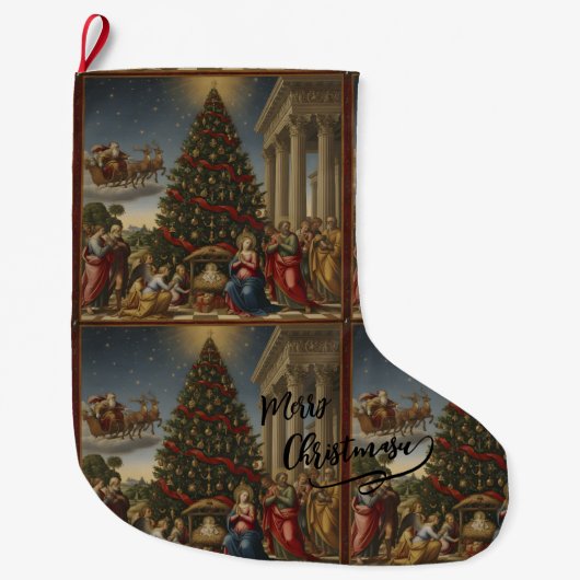 Large Polyester Nativity Santa Christmas Stocking Grote Kerstsok (Voorkant)