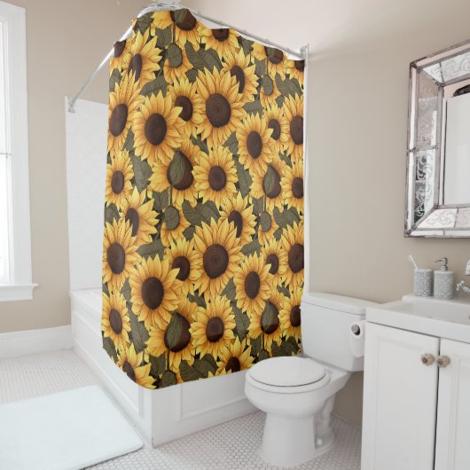 Large Pretty Sunflower Illustration All Over Print Douchegordijn (In situ)