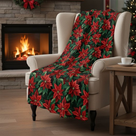 Large Red and Green Poinsettias Digital Art Fleece Deken